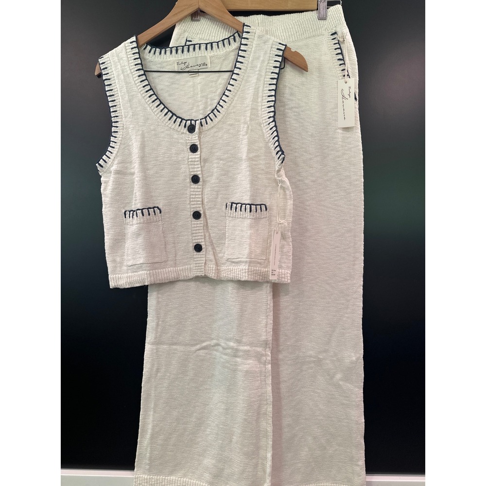 Vintage Havana Ivory Knit Sweater Set Vest and Wide Leg Pants Small
